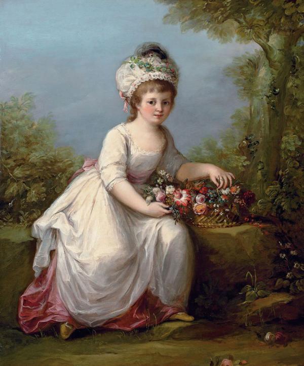 Young Girl In A White Dress With A Basket Of Flowers | Oil Painting Reproduction