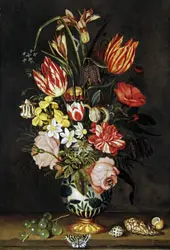 Bouquet in Wan Li Vase with Shells, Grapes and Butterfly By Ambrosius Bosschaert