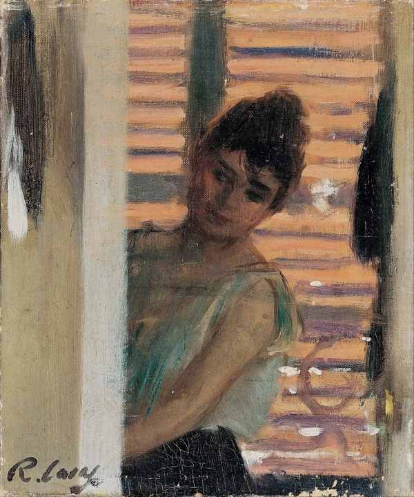 Dressing Up A Woman Peering Out From Behind The Door | Oil Painting Reproduction