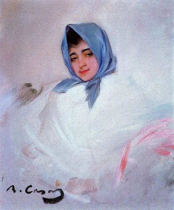 Girl In A Blue Scarf by Ramon Casas | Oil Painting Reproduction