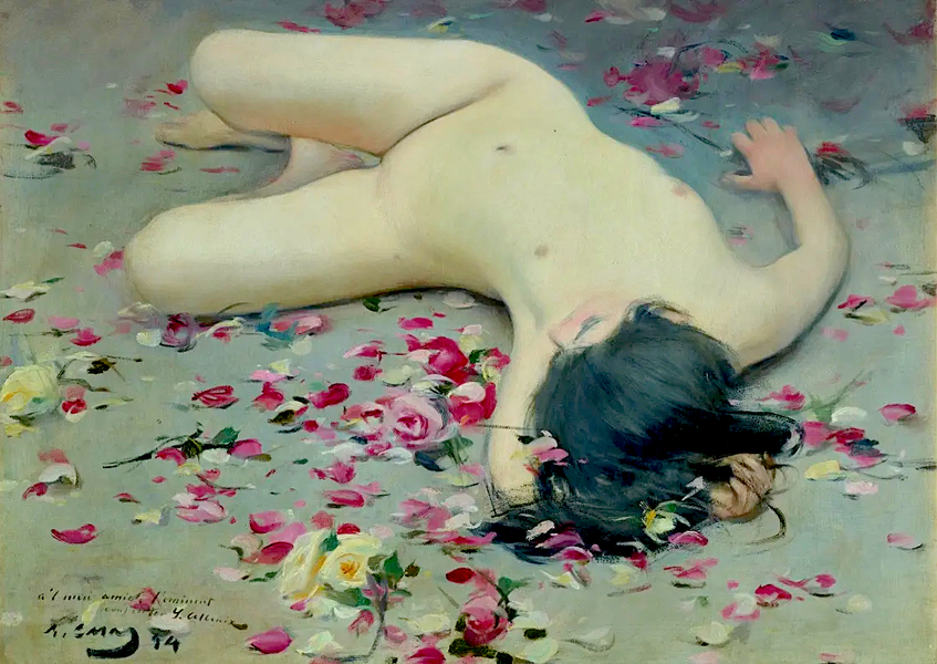 Nude Woman Among Petals by Ramon Casas | Oil Painting Reproduction