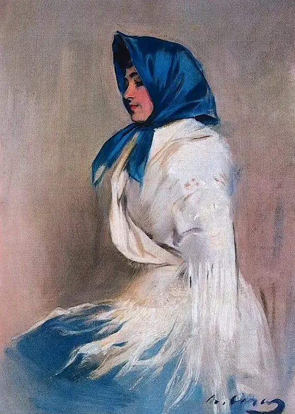 Portrait Of A Spaniard In A Blue Scarf By Ramon Casas