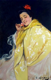 Portrait Of A Spanish Girl With Flower By Ramon Casas