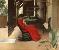 Woman In Red Dress Sewing By Ramon Casas