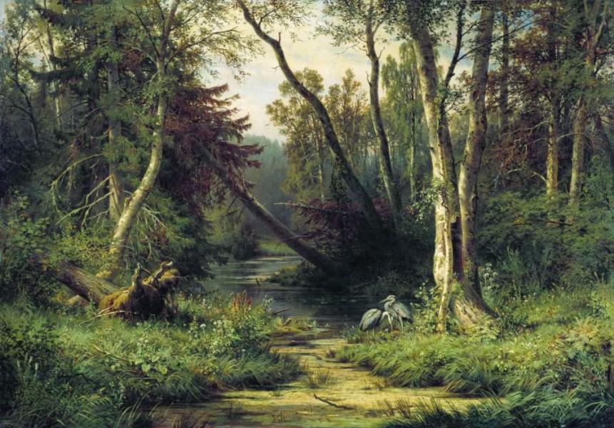 Forest Landscape with Herons 1870 | Oil Painting Reproduction