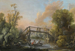 A River Landcscape with a Woman Crossing a Bridge By Francois Boucher