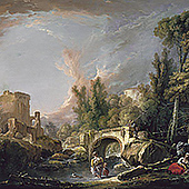 River Landscape with Ruin and Bridge By Francois Boucher