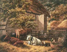 A Farm Scene With Cattle and Chickens By Joseph Clark
