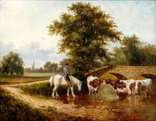 Cattle Watering With Farmer On A Horse At A Riverside By Joseph Clark