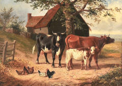 Cattle And Chickens In A Farm Scene By Joseph Clark