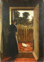 Maid Feeding Duck And Ducklings At A Cottage Door By Joseph Clark