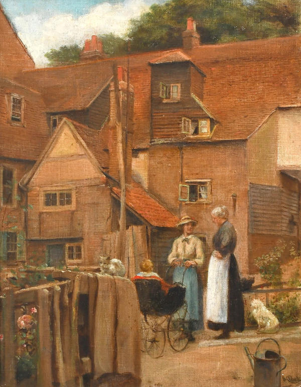 Street Scene With Two Women And A Child In A Pram | Oil Painting Reproduction