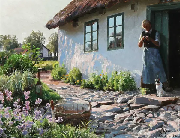 Morlille Knitting Outside 1923 By Peder Mork Monsted