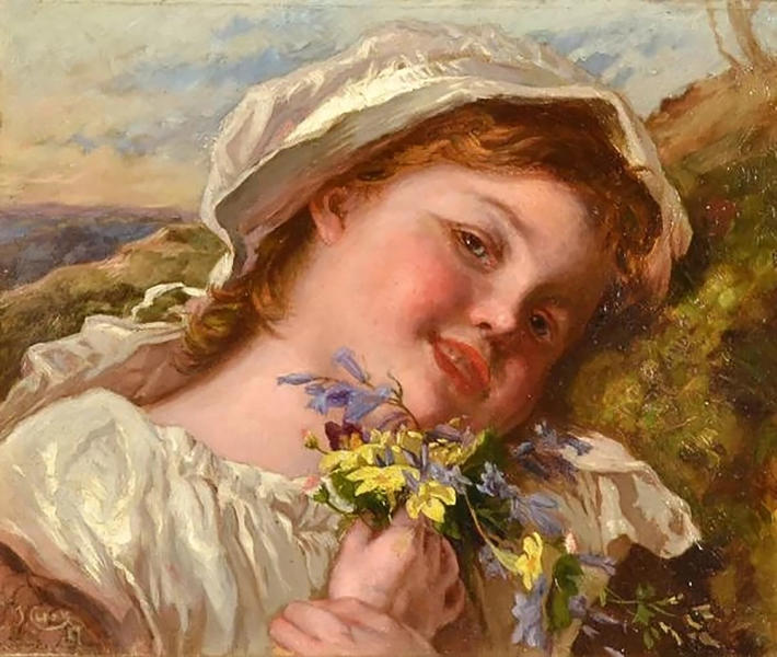 Young Girl Holding Wildflowers by Joseph Clark | Oil Painting Reproduction