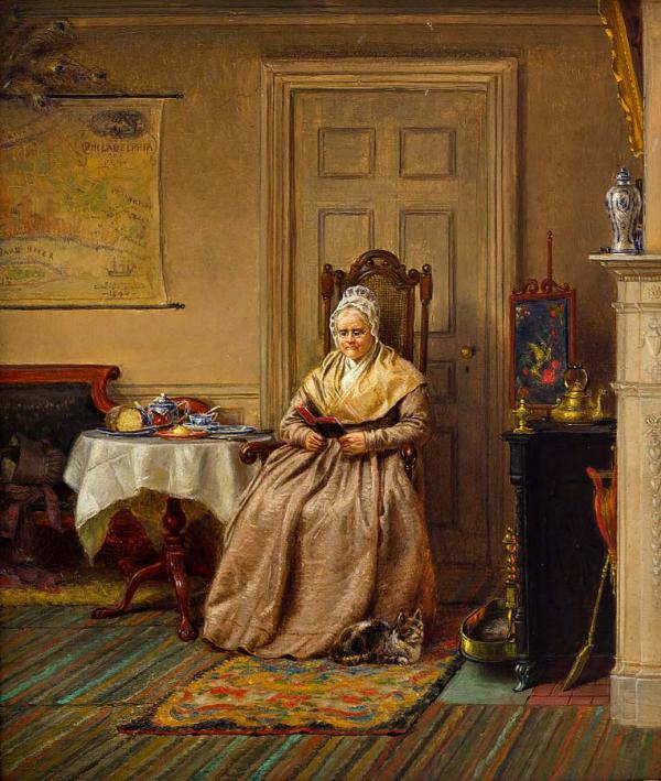 Old Woman Reading with a Cat Near Her Feet | Oil Painting Reproduction