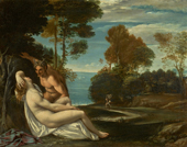 A Nymph and Satyr in A Landscape By Annibale Carracci
