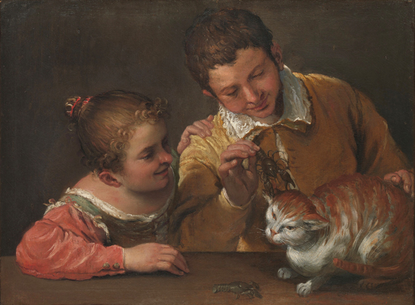 Two Children Teasing a Cat | Oil Painting Reproduction
