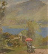 Figure Sitting Beneath a Red Parasol on The Banks of Grasmere Lake By Frank Bramley