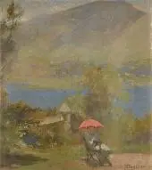 Figure Sitting Beneath a Red Parasol on The Banks of Grasmere Lake By Frank Bramley