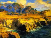Gold Rimmed Rocks and Sea By Franz Bischoff