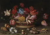 A Basket of Flowers with Shells on a Ledge By Balthasar van der Ast