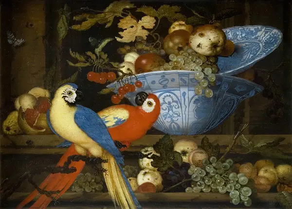 Fruit Still Life with Two Parrots By Balthasar van der Ast