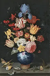 Flower Still Life with Shell and Insects By Balthasar van der Ast