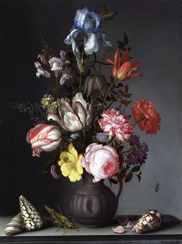 Flowers in a Vase with Shells and Insects By Balthasar van der Ast