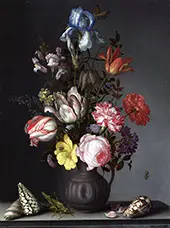 Flowers in a Vase with Shells and Insects By Balthasar van der Ast