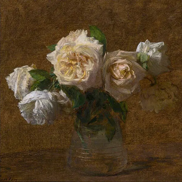 Yellow Pink Roses in a Glass Vase By Henri Fantin-Latour