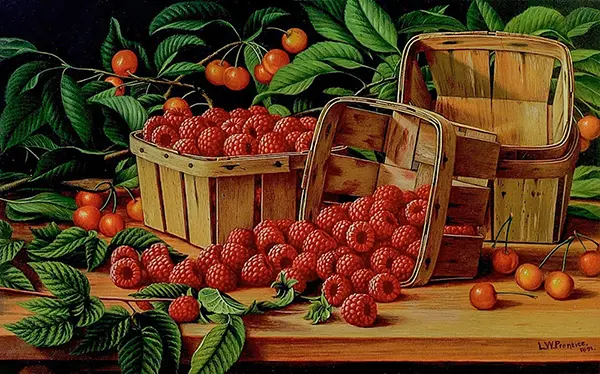 Cherries and Raspberries in a Basket By Levi Wells Prentice