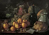 Still Life with Apples, Grapes, Melons, Bread, Jug and Bottle By Luis Melendez