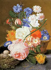 Roses Morning Glory Flowers in a Basket By Jan Van Huysum