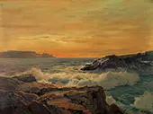 Waves Crashing on the Rocks at Sunset By Frederick Judd Waugh