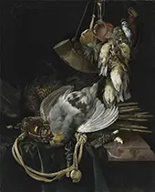 A Partridge a Pheasant a Hunting Bag and Traps on a Partially Draped Ledge By Willem van Aelst