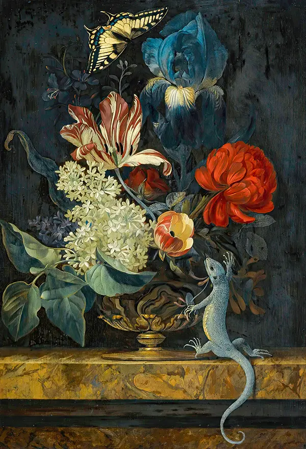 A Still Life with Tulips and other Flowers in a Vase on a Marble Ledge with a Lizard and a Butterfly By Willem van Aelst