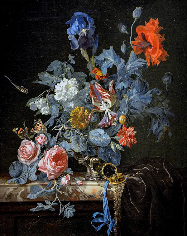 A Vase of Flowers with a Watch By Willem van Aelst