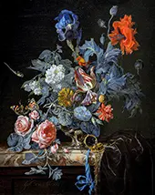 A Vase of Flowers with a Watch By Willem van Aelst
