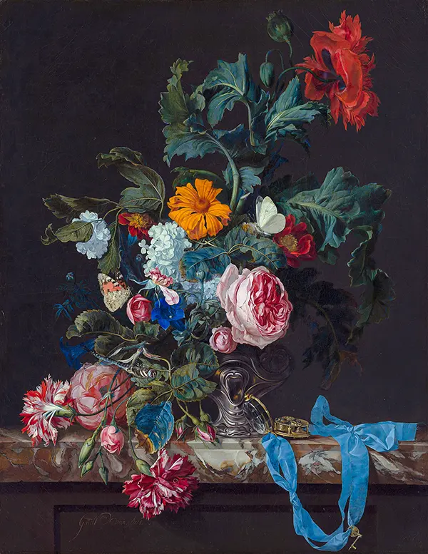 Still Life with Flowers and a Clock By Willem van Aelst