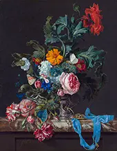 Still Life with Flowers and a Clock By Willem van Aelst
