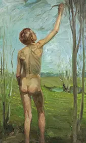 Supine Nude of a Boy Standing on Flowering Meadow By Heinrich Vogeler