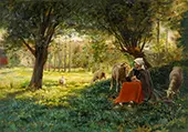 A Shepherdess with Her Flock in a Wooded Grove By Georges Laugee