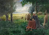 An Extensive Landscape with a Shepherdess and Her Flock By Georges Laugee