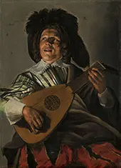 A Young Man Playing the Lute Wearing a Plumed Beret By Judith Leyster