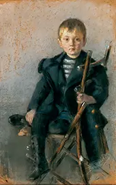 A Portrait of a Blond Boy and Black Coat with Gold Button By Olga Boznanska