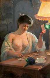 A Woman Playing Cards By Paul Albert Besnard