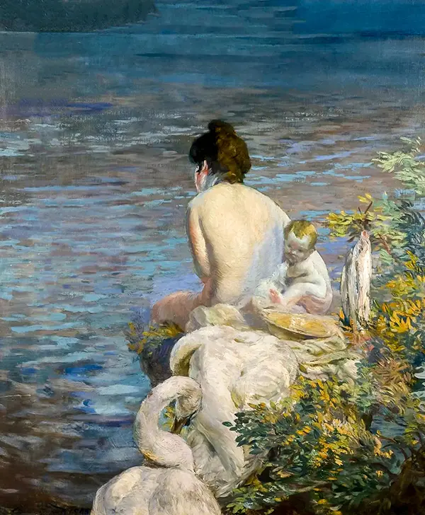 Bather with Child and Swan by the Sea By Paul Albert Besnard