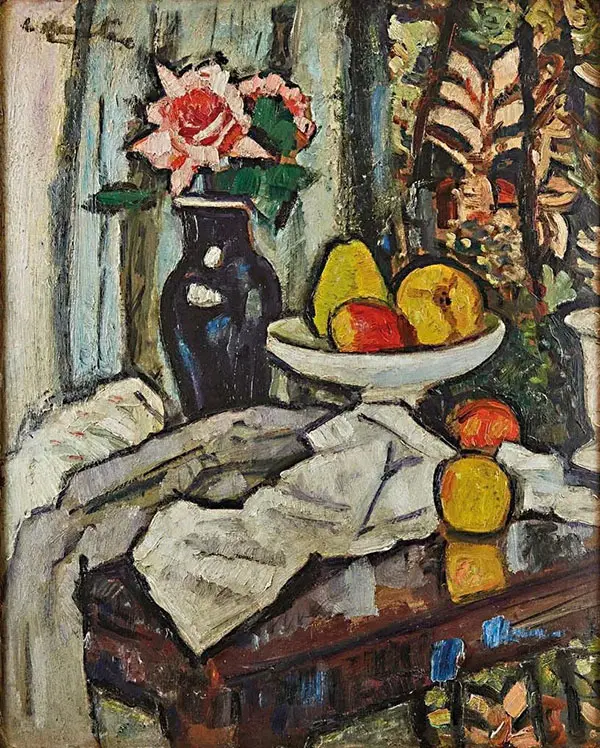 A Still Life of Fruit and Flowers with Persian Curtain By George Leslie Hunter