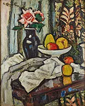 A Still Life of Fruit and Flowers with Persian Curtain By Leslie Hunter