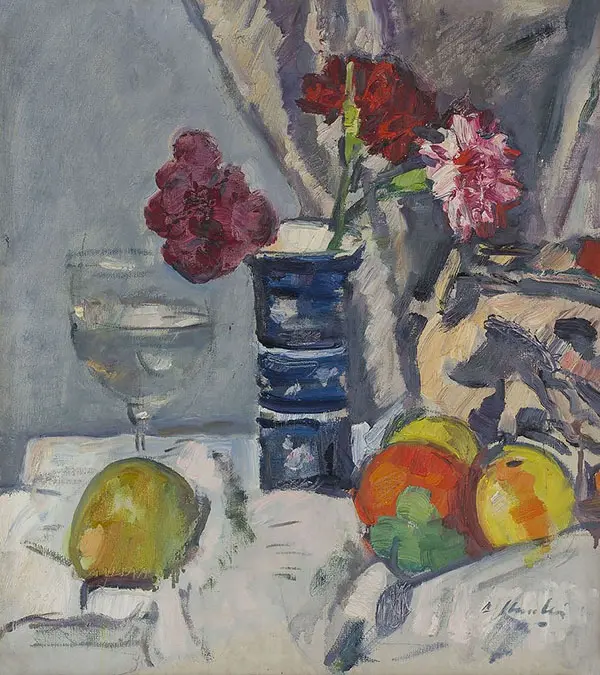 A Still Life of Roses and Fruit By George Leslie Hunter